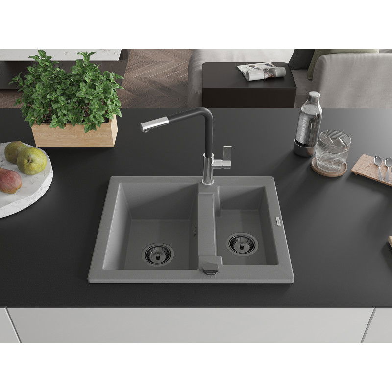 Mexen Carlos granite sink 1.5-bowl with Flora kitchen tap, grey - 6518-71-670401-07-B