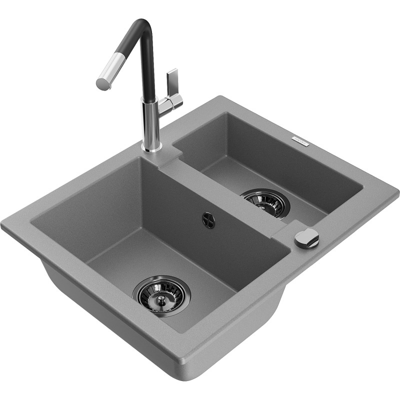 Mexen Carlos 1.5-bowl granite sink with Flora kitchen faucet, grey - 6518-71-670401-07-B