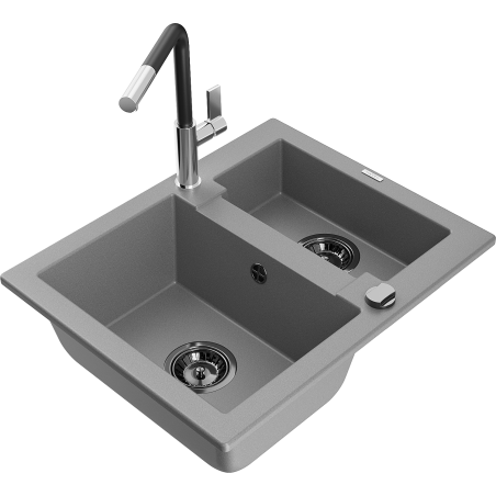 Mexen Carlos granite sink 1.5-bowl with Flora kitchen faucet, gray - 6518-71-670401-07-B