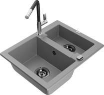Mexen Carlos 1.5-bowl granite sink with Flora kitchen faucet, grey - 6518-71-670401-07-B