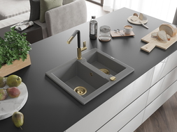Mexen Carlos granite sink 1.5-bowl with Flora kitchen tap, grey - 6518-71-670401-57-G