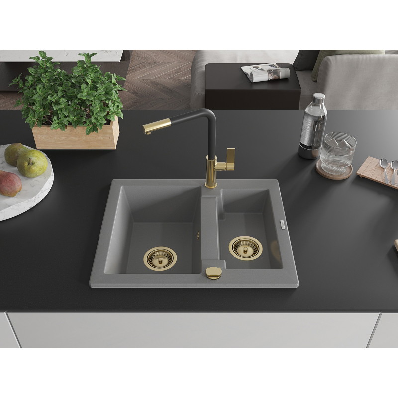 Mexen Carlos 1.5-bowl granite kitchen sink with Flora kitchen faucet, gray - 6518-71-670401-57-G