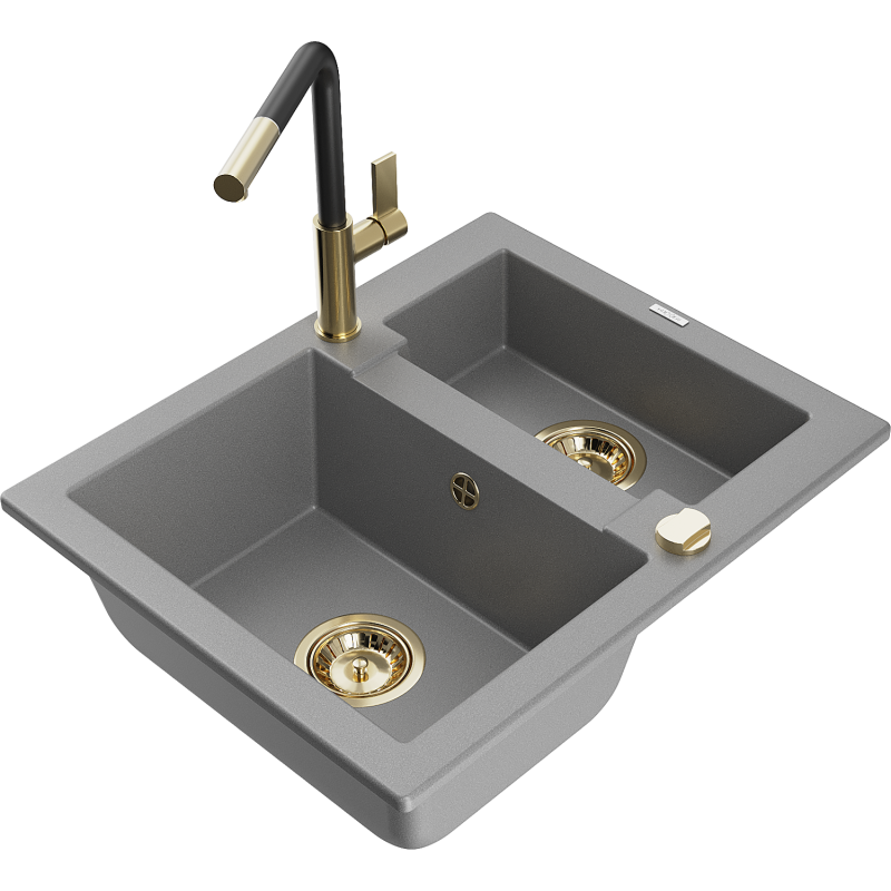 Mexen Carlos 1,5-compartment granite sink with a kitchen mixer tap Flora, Grey - 6518-71-670401-57-G