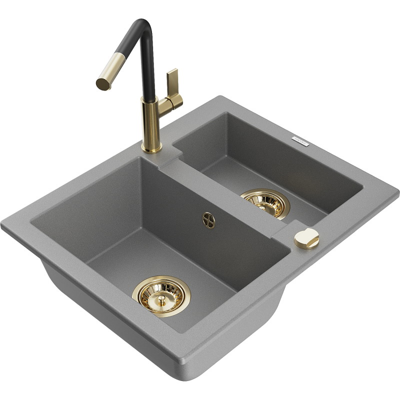 Mexen Carlos granite sink 1.5-bowl with Flora kitchen faucet, gray - 6518-71-670401-57-G