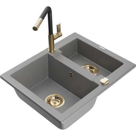 Mexen Carlos 1.5-bowl granite kitchen sink with Flora kitchen faucet, gray - 6518-71-670401-57-G