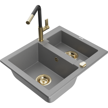 Mexen Carlos granite sink 1.5-bowl with Flora kitchen faucet, gray - 6518-71-670401-57-G