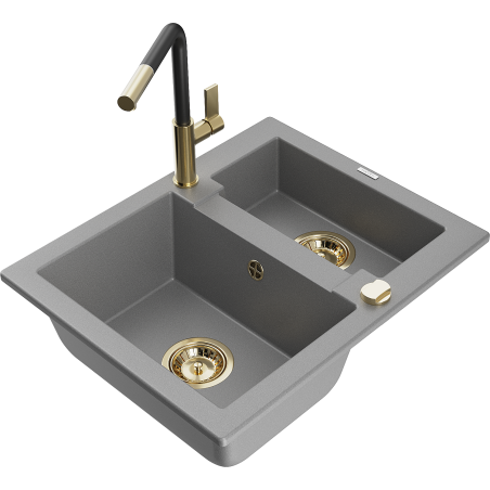 Mexen Carlos granite sink 1.5-bowl with Flora kitchen tap, grey - 6518-71-670401-57-G
