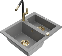 Mexen Carlos 1.5-bowl granite kitchen sink with Flora kitchen faucet, gray - 6518-71-670401-57-G