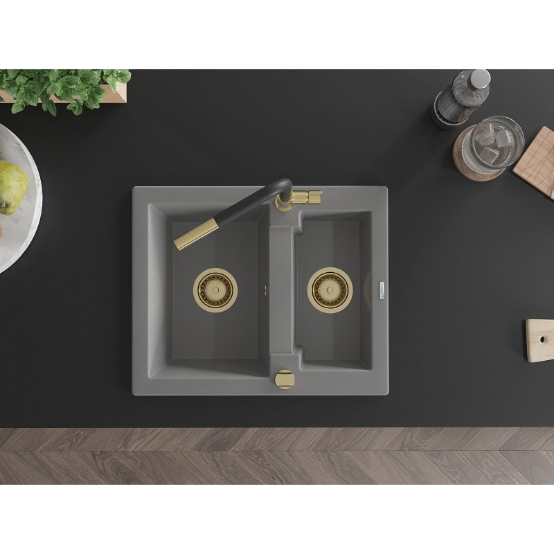 Mexen Carlos 1.5-bowl granite kitchen sink with Flora kitchen faucet, gray - 6518-71-670401-57-G