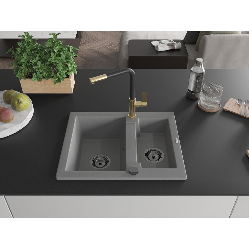 Mexen Carlos 1.5-bowl granite sink with Flora kitchen faucet, gray - 6518-71-670401-57-B
