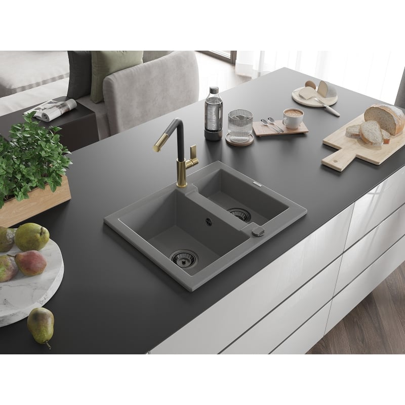 Mexen Carlos 1.5-bowl granite sink with Flora kitchen faucet, gray - 6518-71-670401-57-B