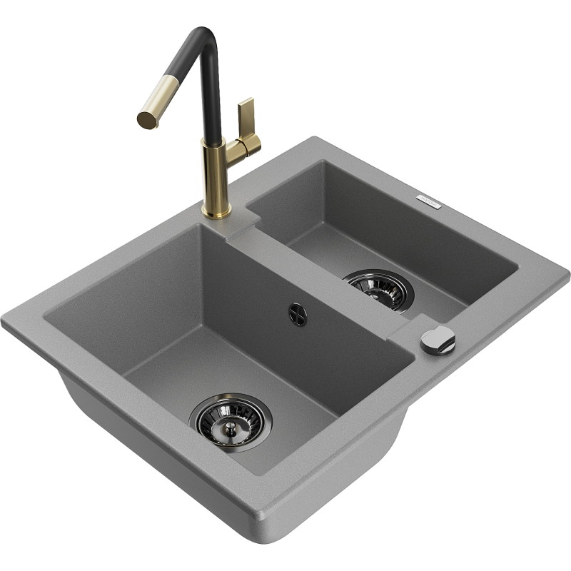 Mexen Carlos 1.5-bowl granite sink with Flora kitchen faucet, gray - 6518-71-670401-57-B