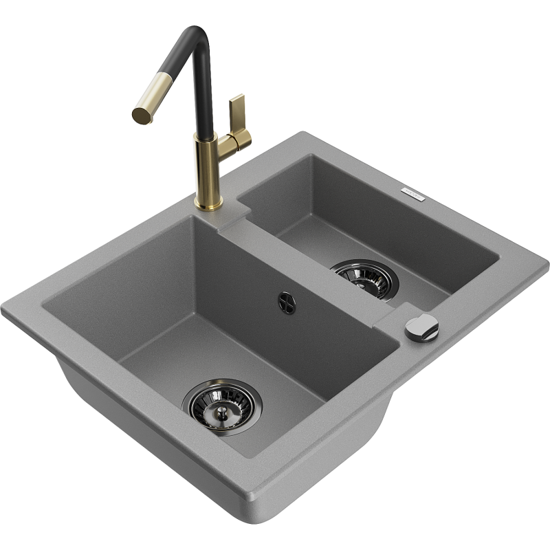 Mexen Carlos 1,5-compartment granite sink with a kitchen mixer tap Flora, Grey - 6518-71-670401-57-B