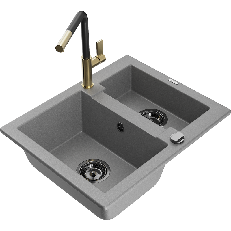 Mexen Carlos granite sink 1.5-bowl with Flora kitchen tap, grey - 6518-71-670401-57-B