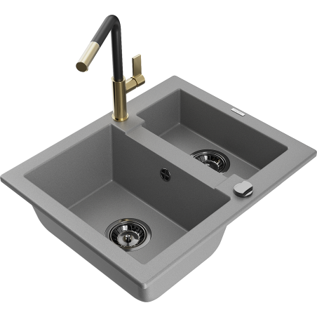Mexen Carlos granite sink 1.5-bowl with Flora kitchen tap, grey - 6518-71-670401-57-B