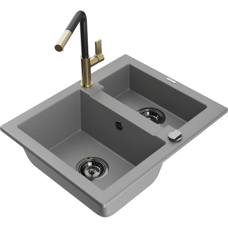 Mexen Carlos granite sink 1.5-bowl with kitchen faucet Flora, gray - 6518-71-670401-57-B