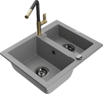 Mexen Carlos 1.5-bowl granite sink with Flora kitchen faucet, gray - 6518-71-670401-57-B