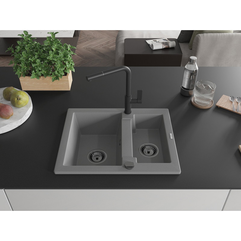 Mexen Carlos 1.5-bowl granite sink with Flora kitchen faucet, gray - 6518-71-670401-70-B