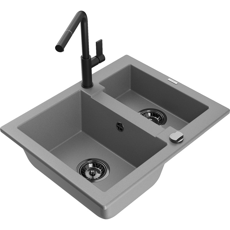 Mexen Carlos 1.5-bowl granite sink with Flora kitchen faucet, gray - 6518-71-670401-70-B