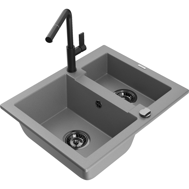 Mexen Carlos 1,5-compartment granite sink with a kitchen mixer tap Flora, Grey - 6518-71-670401-70-B