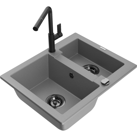 Mexen Carlos 1.5-bowl granite sink with Flora kitchen faucet, gray - 6518-71-670401-70-B