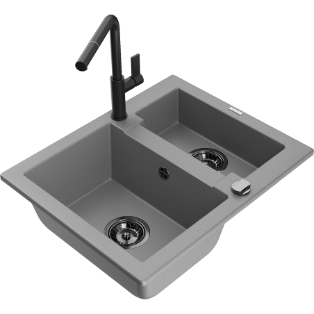 Mexen Carlos 1,5-compartment granite sink with a kitchen mixer tap Flora, Grey - 6518-71-670401-70-B