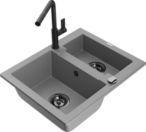 Mexen Carlos 1.5-bowl granite sink with Flora kitchen faucet, gray - 6518-71-670401-70-B
