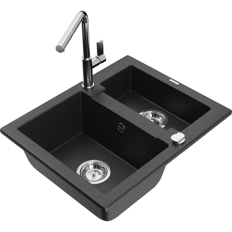 Mexen Carlos granite sink 1.5-bowl with Flora kitchen tap, black/silver metallic - 6518-73-670401-00