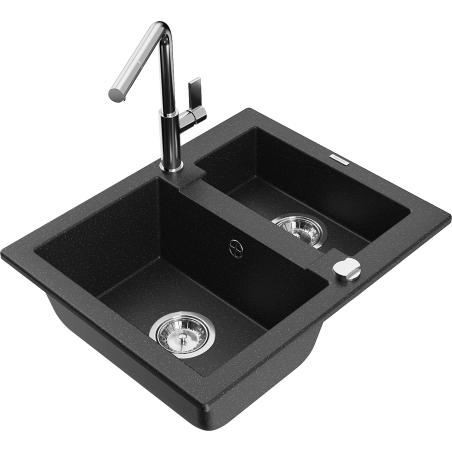 Mexen Carlos 1,5-compartment granite sink with a kitchen mixer tap Flora, Black/Silver metallic - 6518-73-670401-00
