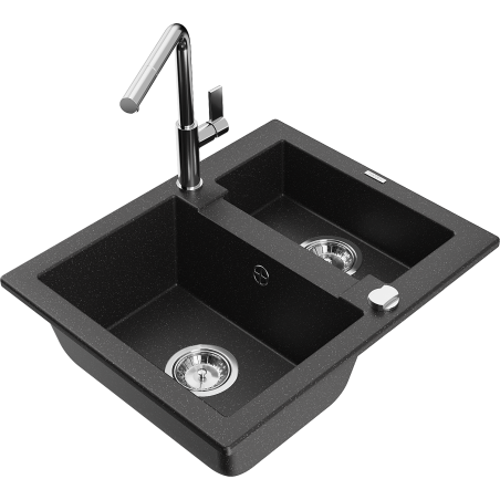 Mexen Carlos granite sink 1.5-bowl with Flora kitchen tap, black/silver metallic - 6518-73-670401-00