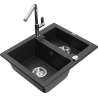 Mexen Carlos granite sink 1.5-bowl with Flora kitchen faucet, black/silver metallic - 6518-73-670401-00
