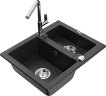 Mexen Carlos granite sink 1.5-bowl with Flora kitchen tap, black/silver metallic - 6518-73-670401-00