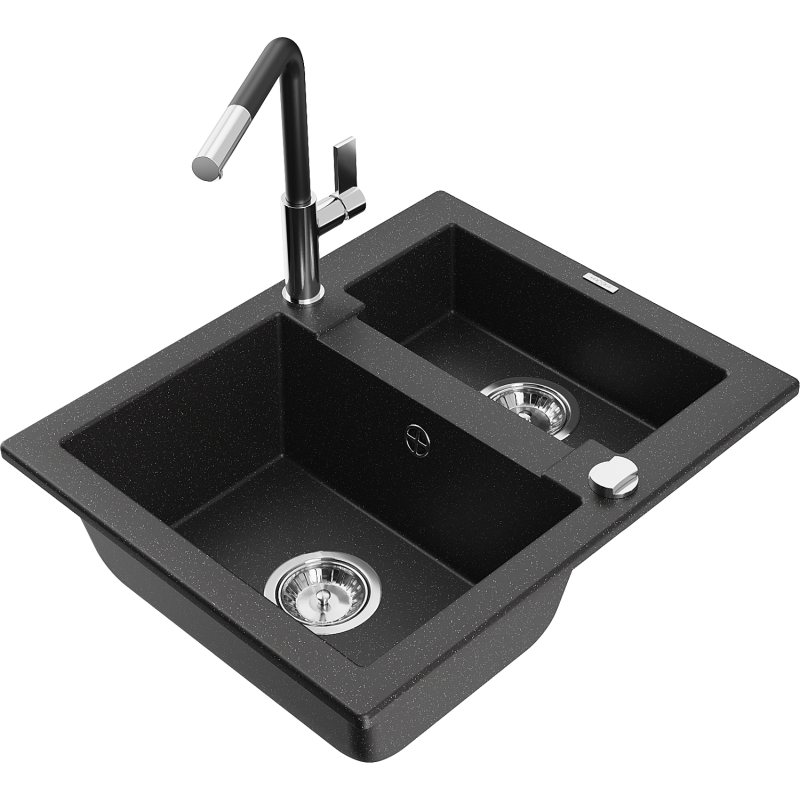 Mexen Carlos 1,5-compartment granite sink with a kitchen mixer tap Flora, Black/Silver metallic - 6518-73-670401-07