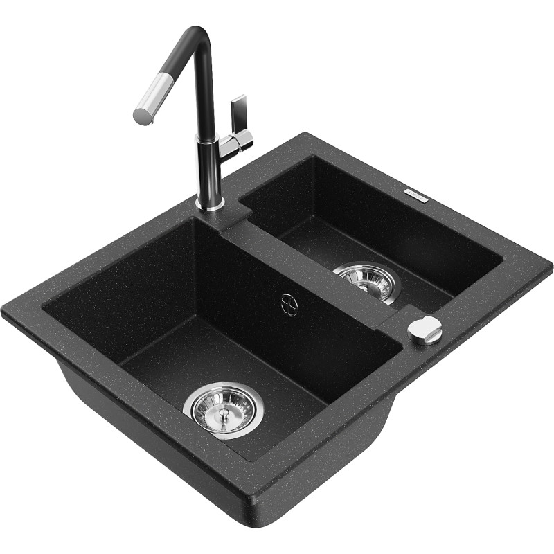 Mexen Carlos granite sink 1.5-bowl with Flora kitchen faucet, black/silver metallic - 6518-73-670401-07