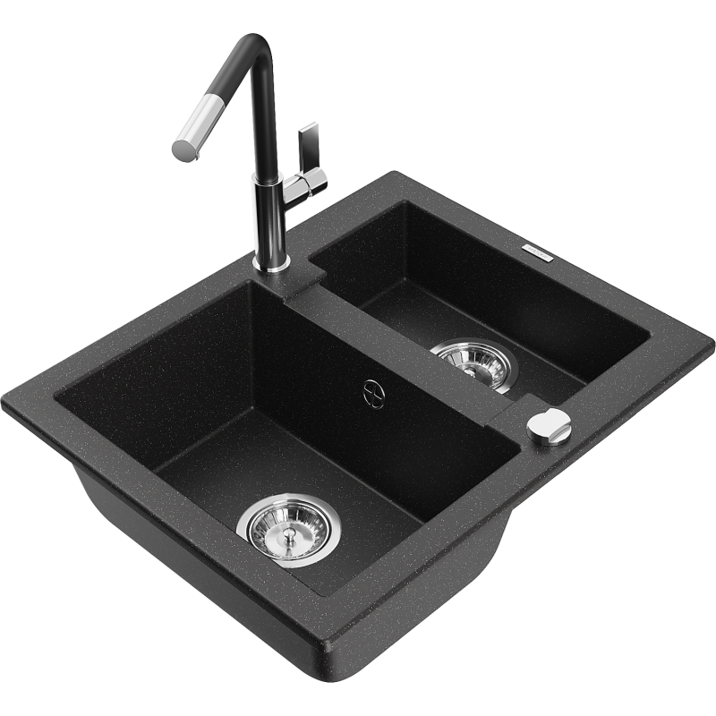 Mexen Carlos granite sink 1.5-bowl with Flora kitchen tap, black/silver metallic - 6518-73-670401-07