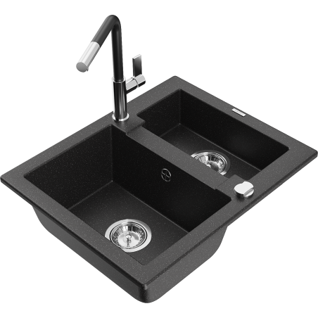 Mexen Carlos granite sink 1.5-bowl with Flora kitchen faucet, black/silver metallic - 6518-73-670401-07