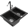 Mexen Carlos granite sink 1.5-bowl with Flora kitchen tap, black/silver metallic - 6518-73-670401-07