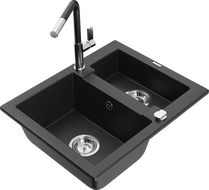 Mexen Carlos granite sink 1.5-bowl with Flora kitchen tap, black/silver metallic - 6518-73-670401-07