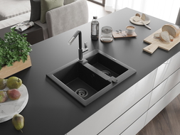 Mexen Carlos granite sink 1.5-bowl with Flora kitchen tap, black/silver metallic - 6518-73-670401-07-B