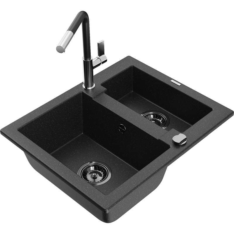 Mexen Carlos 1,5-compartment granite sink with a kitchen mixer tap Flora, Black/Silver metallic - 6518-73-670401-07-B