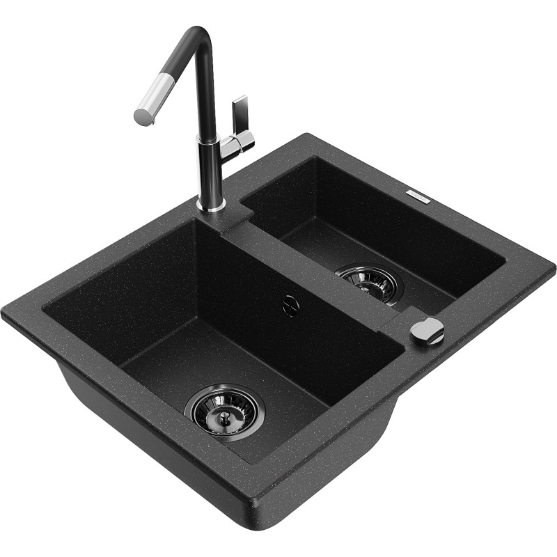 Mexen Carlos granite sink 1.5-bowl with Flora kitchen faucet, black/silver metallic - 6518-73-670401-07-B