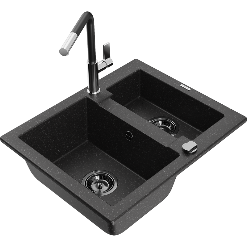 Mexen Carlos granite sink 1.5-bowl with Flora kitchen tap, black/silver metallic - 6518-73-670401-07-B