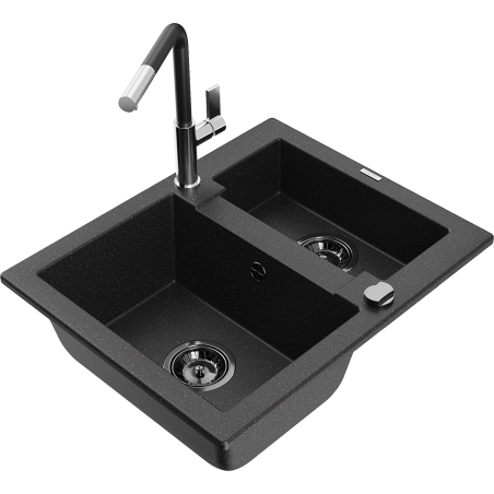 Mexen Carlos granite sink 1.5-bowl with Flora kitchen faucet, black/silver metallic - 6518-73-670401-07-B
