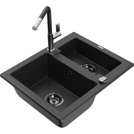 Mexen Carlos granite sink 1.5-bowl with Flora kitchen tap, black/silver metallic - 6518-73-670401-07-B