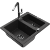 Mexen Carlos granite sink 1.5-bowl with Flora kitchen tap, black/silver metallic - 6518-73-670401-07-B