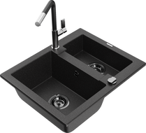 Mexen Carlos granite sink 1.5-bowl with Flora kitchen tap, black/silver metallic - 6518-73-670401-07-B