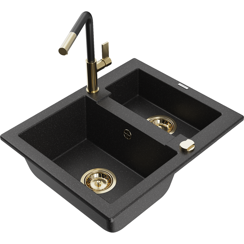 Mexen Carlos 1,5-compartment granite sink with a kitchen mixer tap Flora, Black/Silver metallic - 6518-73-670401-57-G
