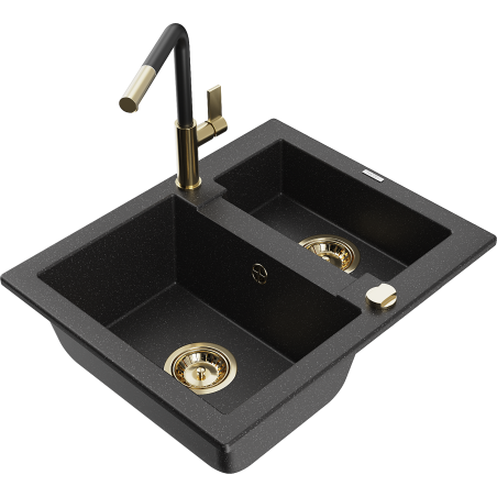 Mexen Carlos granite sink 1.5-bowl with Flora kitchen faucet, black/silver metallic - 6518-73-670401-57-G
