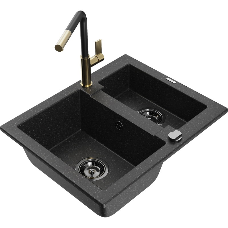 Mexen Carlos granite sink 1.5-bowl with Flora kitchen faucet, black/silver metallic - 6518-73-670401-57-B