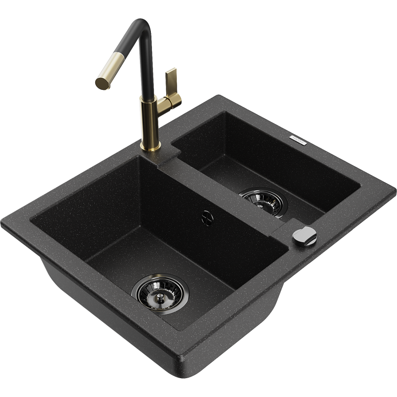 Mexen Carlos granite sink 1.5-bowl with Flora kitchen tap, black/silver metallic - 6518-73-670401-57-B